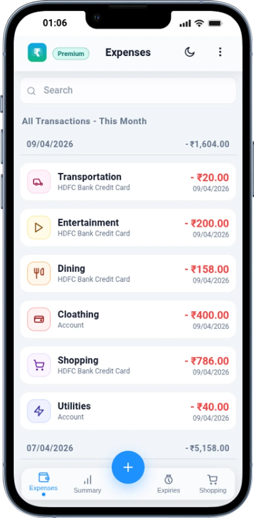 Transaction list screen with expense entries